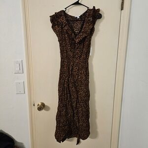 TIME AND TRU Womens Ruffle Neck Dress Leopard Print Midi‎ Belted M 8-10